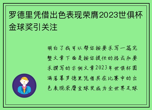 罗德里凭借出色表现荣膺2023世俱杯金球奖引关注